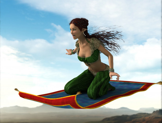 Обои картинки фото 3д графика, эльфы , elves, ковер, полет, облака, фон, взгляд, эльфийка