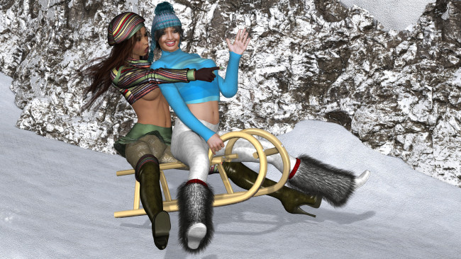 Обои картинки фото 3д графика, люди , people, девушки, взгляд, фон, санки, снег, зима