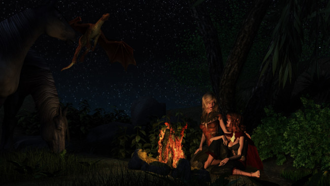 Обои картинки фото 3д графика, люди , people, девушки, взгляд, фон, ночь, костер, лошадь