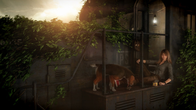 Обои картинки фото 3д графика, люди и животные , people and animals, девушка, взгляд, фон, собака, крыльцо