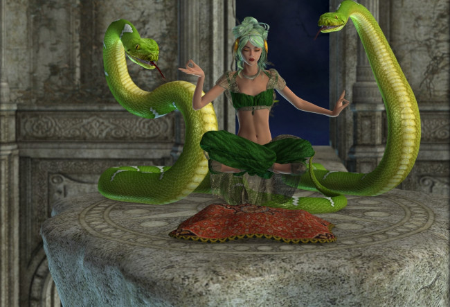 Обои картинки фото 3д графика, фантазия , fantasy, удавы, фон, девушка, взгляд