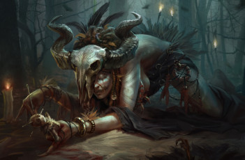 Картинка фэнтези маги +волшебники магия колдовство рога череп маска ритуал кукла voodoo вуду шаман