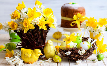 Картинка праздничные пасха кулич нарциссы цыплята