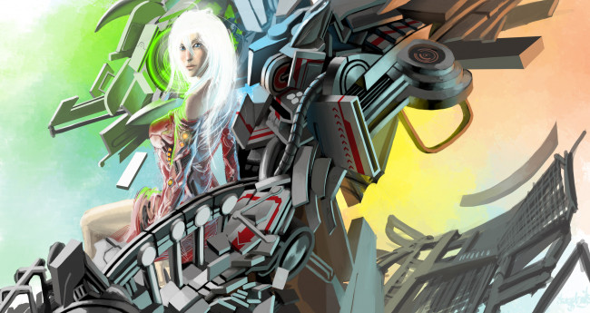 Обои картинки фото фэнтези, роботы,  киборги,  механизмы, взгляд, фон, девушка