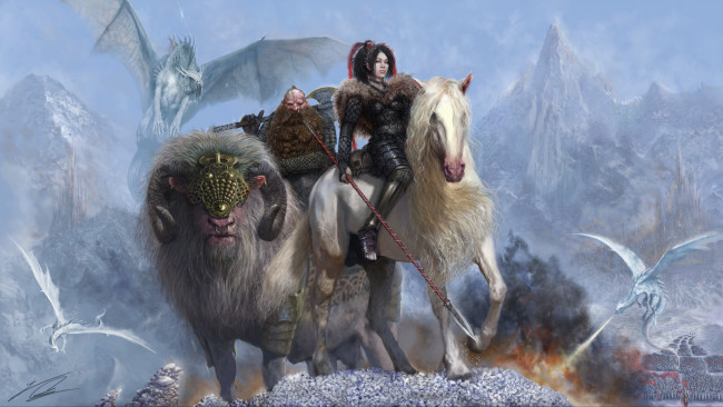 Обои картинки фото фэнтези, красавицы и чудовища, девушка, мужчина, фон, животные, взгляд, оружие