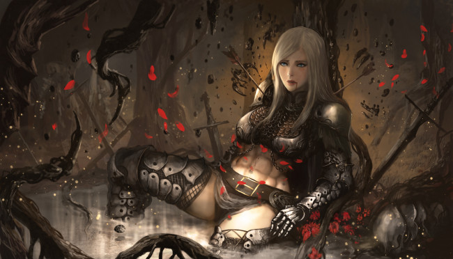 Обои картинки фото фэнтези, девушки, стрела, униформа, взгляд, фон, девушка