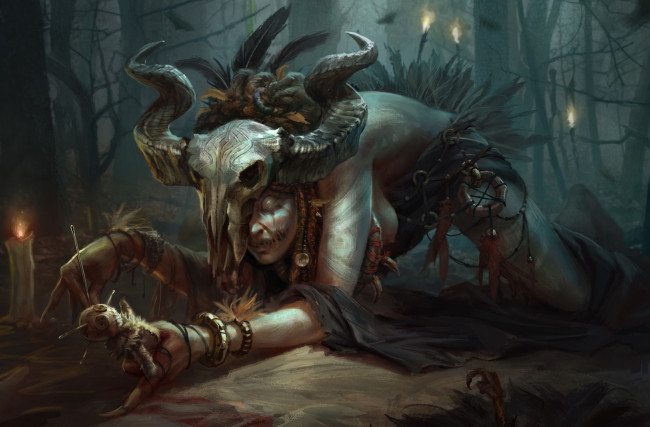 Обои картинки фото фэнтези, маги,  волшебники, магия, колдовство, рога, череп, маска, ритуал, кукла, voodoo, вуду, шаман