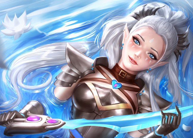 Обои картинки фото фэнтези, эльфы, арт, adalia, эльф, волосы, вода, меч, девушка