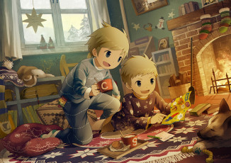 Картинка аниме город +улицы +интерьер +здания мальчики