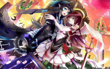 Картинка аниме ангелы +демоны девочки крылья кресты мечи