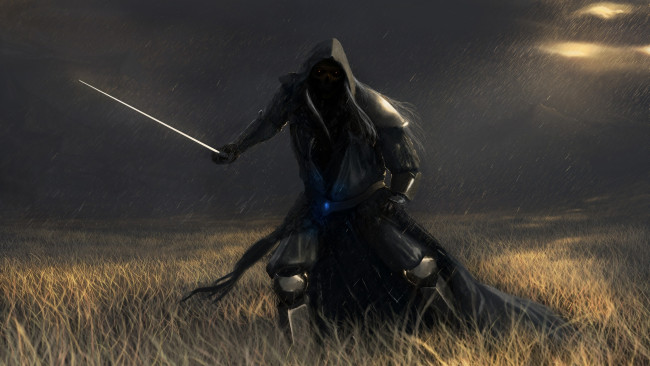 Обои картинки фото фэнтези, нежить, смерть, саван, в, поле, проклятое, место, ливень, страх, ночь, меч, черный, рыцарь