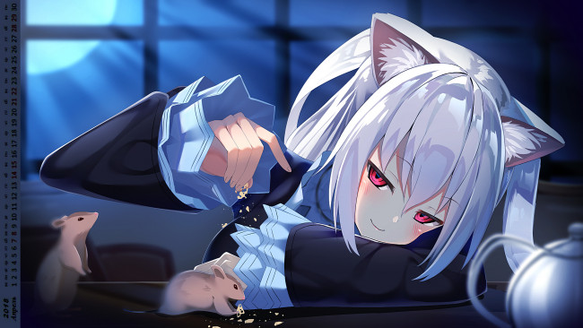 Обои картинки фото календари, аниме, девушка, существо, мышь