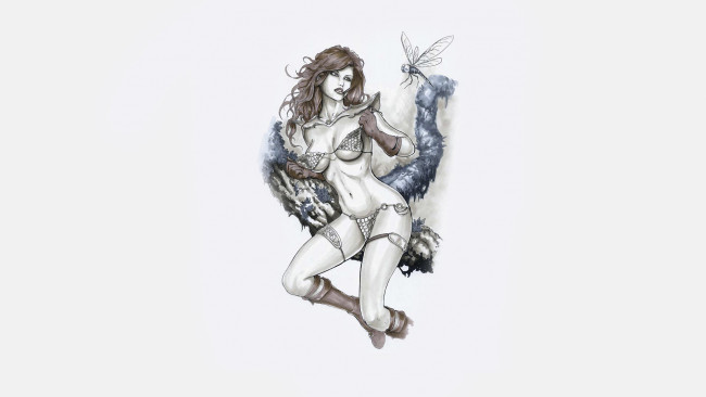 Обои картинки фото рисованное, комиксы, фон, девушка, стрекоза, взгляд