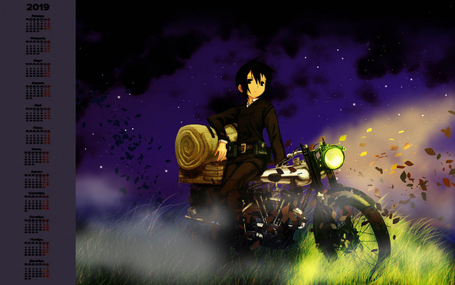 Обои картинки фото календари, аниме, мотоцикл, человек, ночь, взгляд