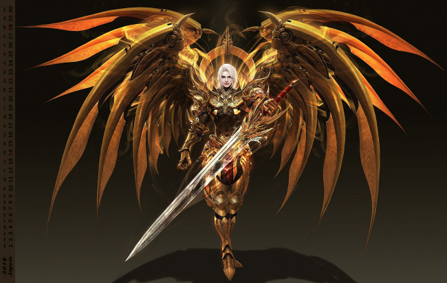 Обои картинки фото календари, фэнтези, женщина, взгляд, крылья, оружие