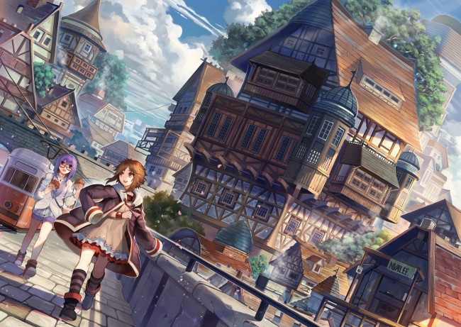 Обои картинки фото аниме, город,  улицы,  интерьер,  здания, девочки