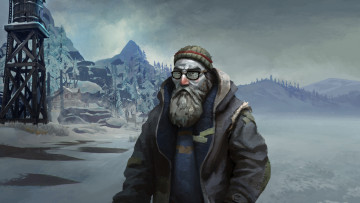 обоя видео игры, the long dark, дом, вышка, куртка, очки, борода, горы, шапка, мафусаил