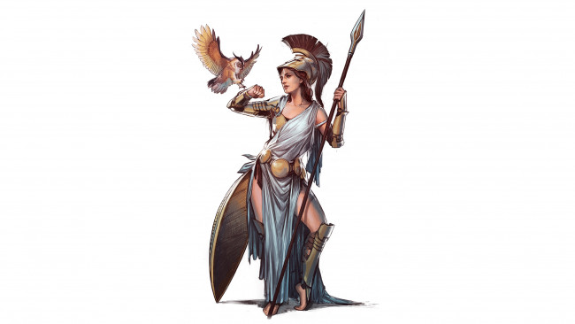 Обои картинки фото рисованное, комиксы, девушка, фон, униформа, щит, копье, сова