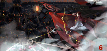 Картинка аниме оружие +техника +технологии лучник стрела летучий корабль город