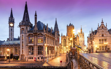 Картинка города гент+ бельгия вечер огни здания