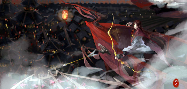 Обои картинки фото аниме, оружие,  техника,  технологии, лучник, стрела, летучий, корабль, город