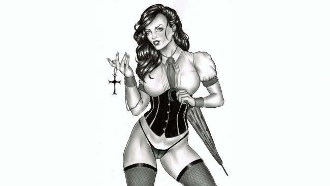 Обои картинки фото рисованное, elberty oliveira, девушка, фон, взгляд, чулки, зонт, крест, скетч