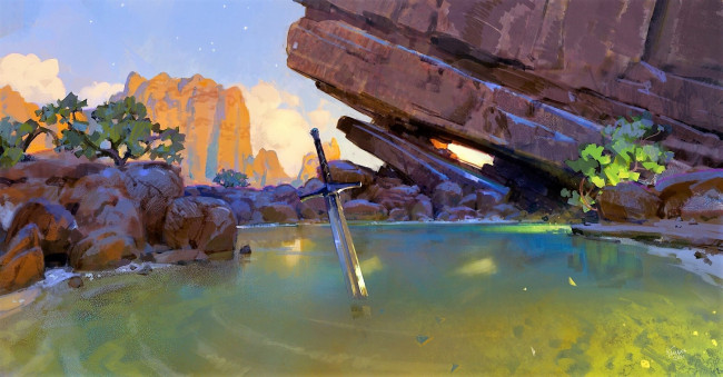 Обои картинки фото фэнтези, иные миры,  иные времена, меч, озеро, камни, скалы