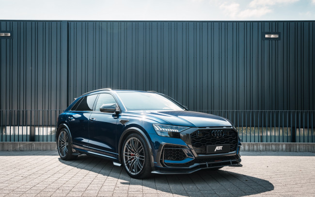 Обои картинки фото 2022 audi rs q8 abt sportsline, автомобили, audi, 2022, rs, q8, 4k, вид, спереди, экстерьер, abt, sportsline, q8r, tuning, blue, немецкие, ауди