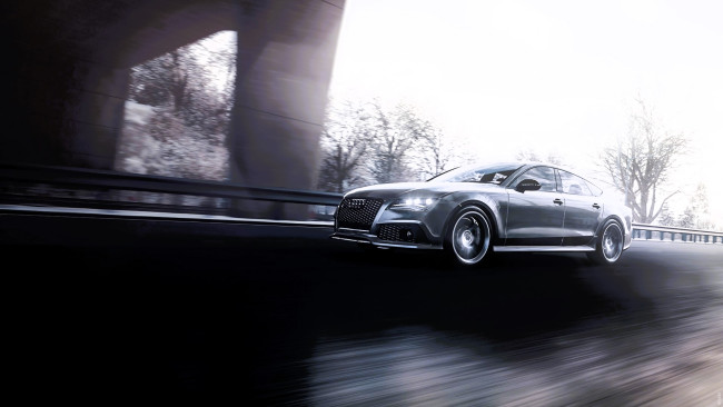 Обои картинки фото audi rs7, автомобили, audi, серебристый, скорость, дорога, мост