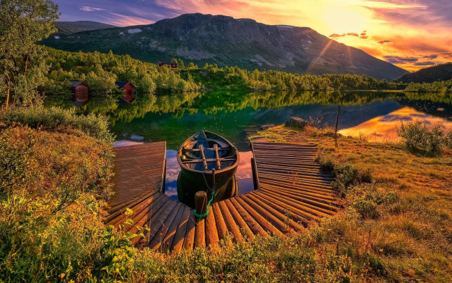 Обои картинки фото корабли, лодки,  шлюпки, горы, озеро, лодка, мостки