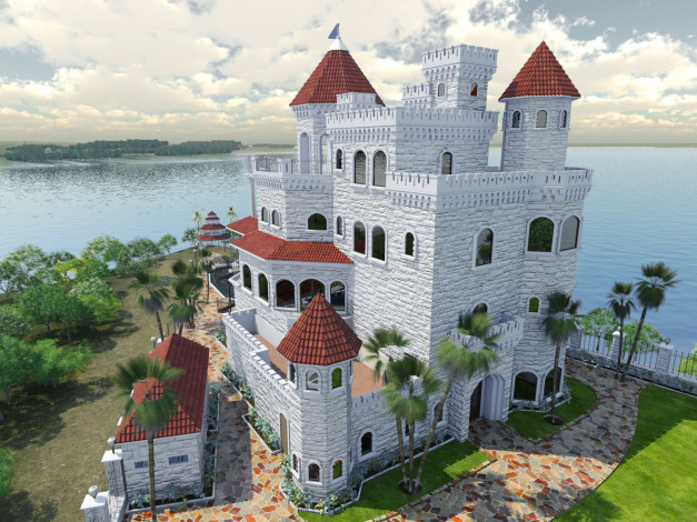 Обои картинки фото 3д, графика, architecture, архитектура, замок, море, деревья