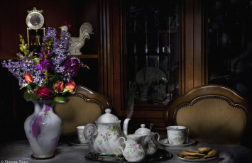 Картинка еда натюрморт букет ваза чай печенье