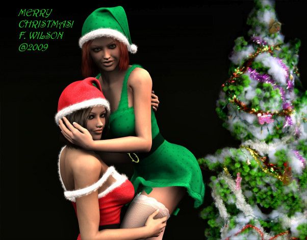 Обои картинки фото 3д, графика, holidays, праздники, девушки, ель, снегурочки