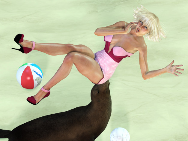 Обои картинки фото 3д, графика, people, люди, мяч, девушка