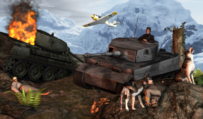 Обои картинки фото 3д, графика, historical, история, самолет, танки, бой