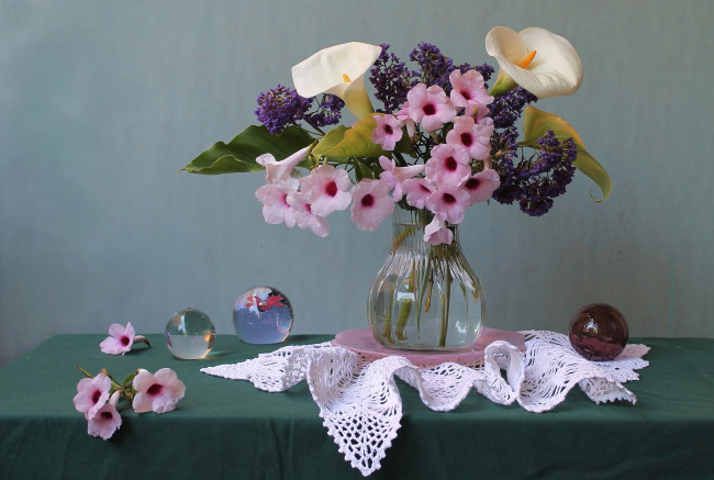 Обои картинки фото цветы, букеты, композиции, каллы, кампсис, шары