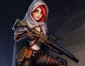 Картинка фэнтези девушки взгляд красные волосы арт поза оружие зеленые глаза девушка