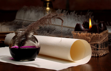 Картинка разное ретро +винтаж чёрная свеча пергамент перо Чернильница стол горит