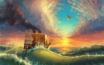 Картинка фэнтези корабли путешествие кораблик газета море облака