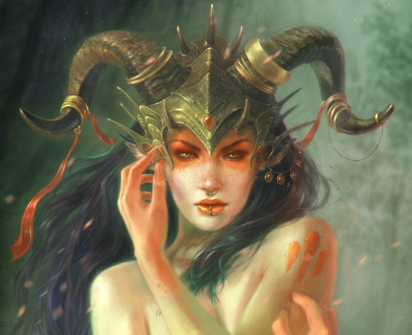 Обои картинки фото фэнтези, девушки, рожки, грудь, фантастика, девушка, волосы, голая, пирсинги