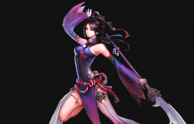 Обои картинки фото фэнтези, девушки, лицо, девушка, оружие, фон, поза, взгляд, аниме, арт