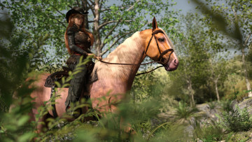 Картинка 3д+графика люди+и+животные+ people+and+animals лошадь фон девушка взгляд