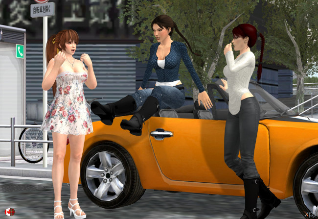 Обои картинки фото 3д графика, люди-авто, мото , people- car ,  moto, автомобиль, девушки, взгляд, фон