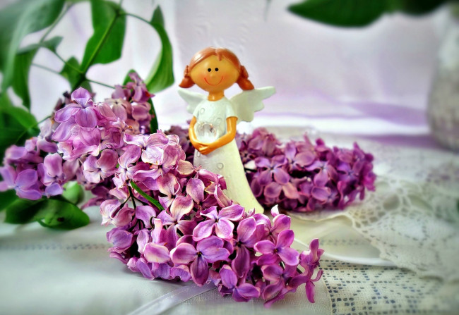 Обои картинки фото цветы, сирень, ангел, ветка