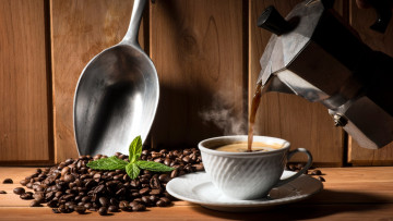 Картинка еда кофе +кофейные+зёрна пар зерна мята