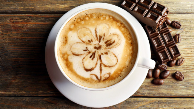 Обои картинки фото еда, кофе,  кофейные зёрна, шоколад, капучино