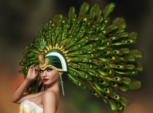 Картинка 3д+графика портрет+ portraits девушка фон взгляд перья