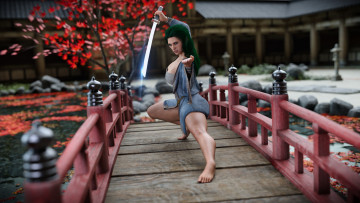 Картинка 3д+графика люди+ people девушка фон мостик поза сабля