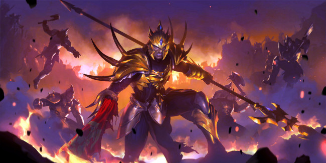 Обои картинки фото видео игры, league of legends,  legends of runeterra, jarvan, iv, воины, бой, копье