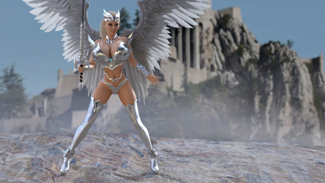 Обои картинки фото 3д графика, ангел , angel, девушка, фон, латы, крылья, меч